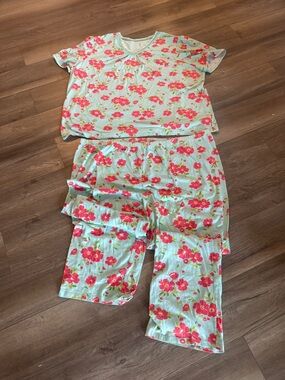 Serenada 4X Pajama Set Mint Pink Floral Satin Trim 30/32W Soft Lounge 2PC